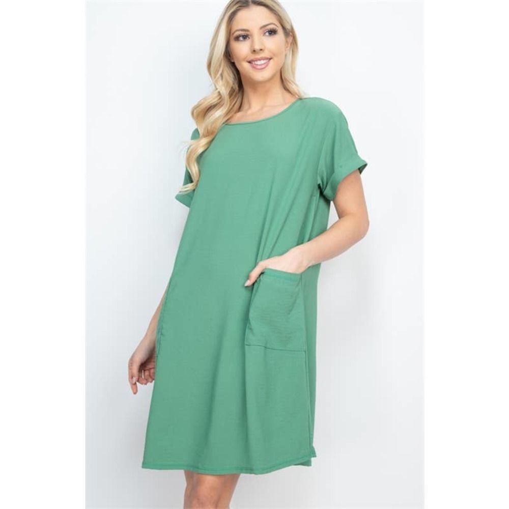 Green Rolled Sleeve Shift Dress with Pockets - Picture 1 of 8